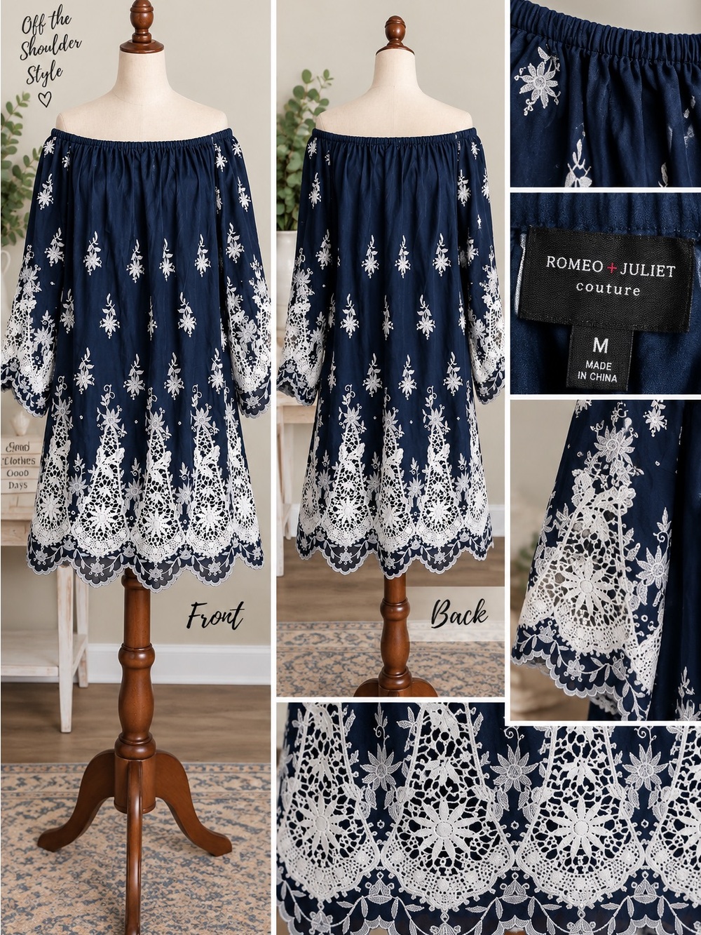 Romeo & Juliet Couture Navy Dress with White Embroidered Hem